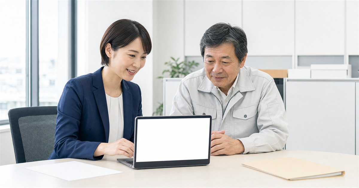 ノートパソコンで電子申請を進める行政書士と隣で画面を見る建設業の経営者(越谷市で建設業許可を行政書士に依頼するメリットのイメージ)