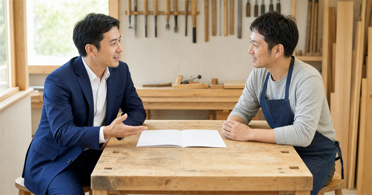 工房で行政書士と大工が書類を挟んで相談する様子。実務経験の証明と申請手順の相談を表すイメージ