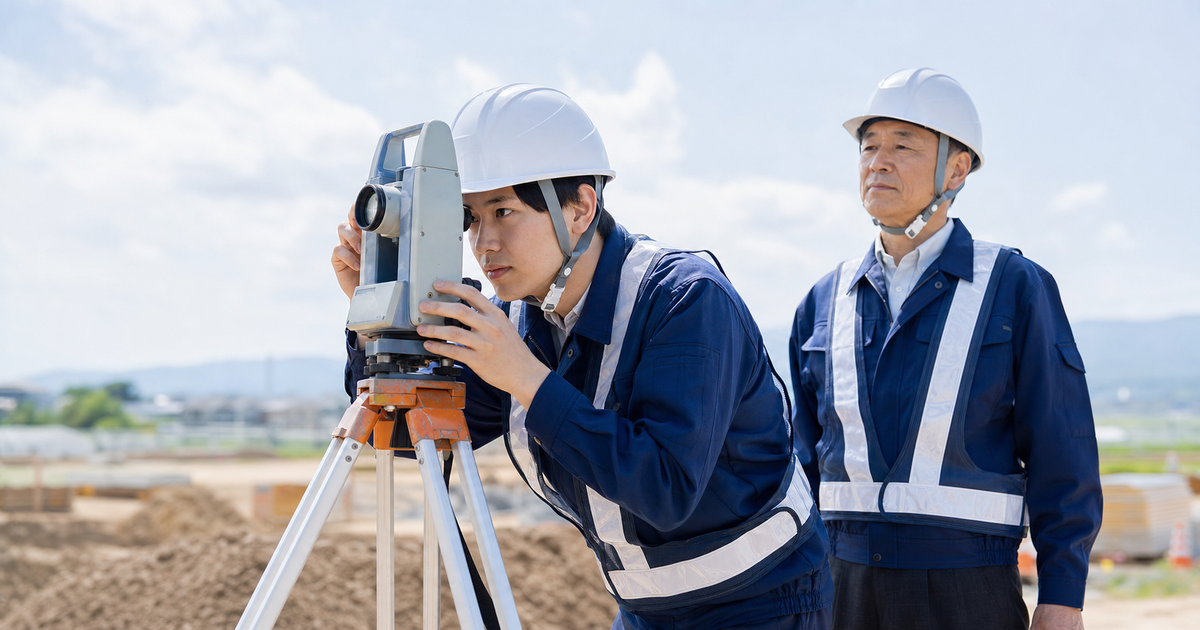 現場で測量する若手技術者を見守るベテラン｜5〜10年かけて進める技能承継と後継者育成