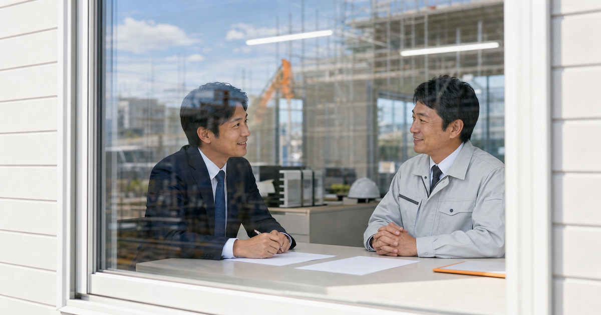 現場事務所の窓越しに打ち合わせをする行政書士と建設会社の経営者。登録後の運用まで地元で伴走