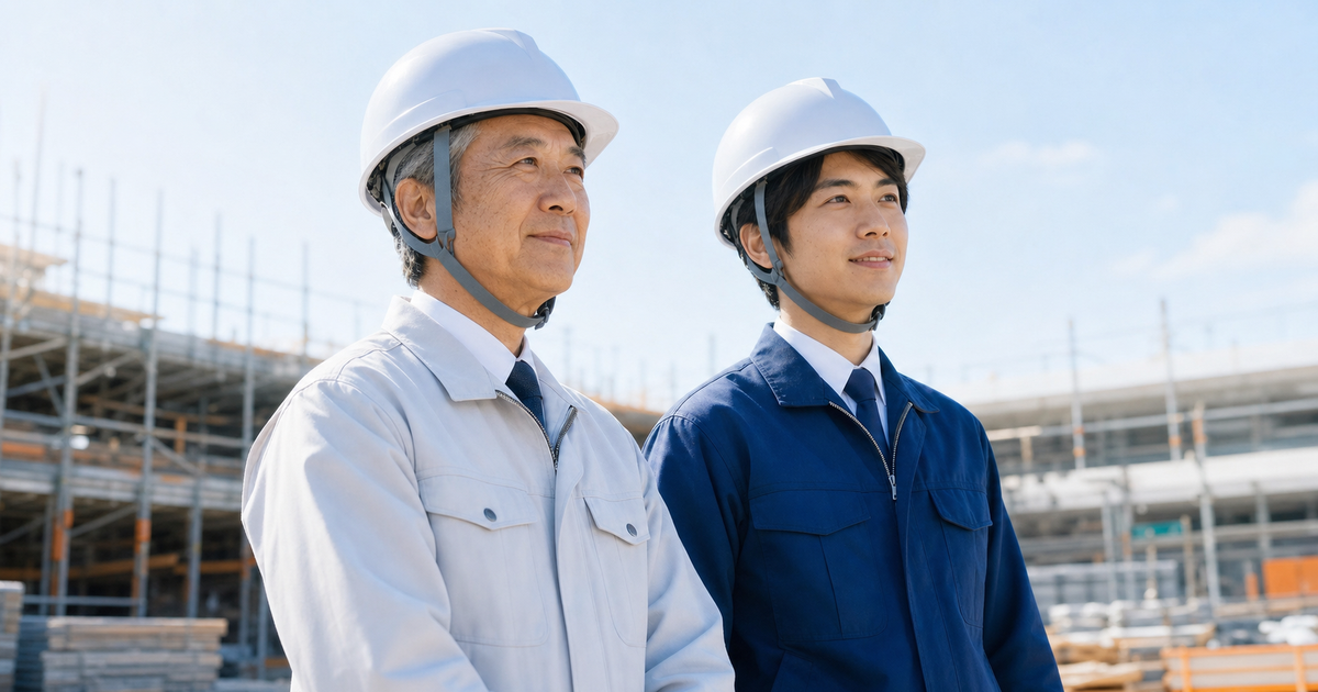 建設現場で並んで前を見据える年配経営者と若手後継者(早めの承継準備)