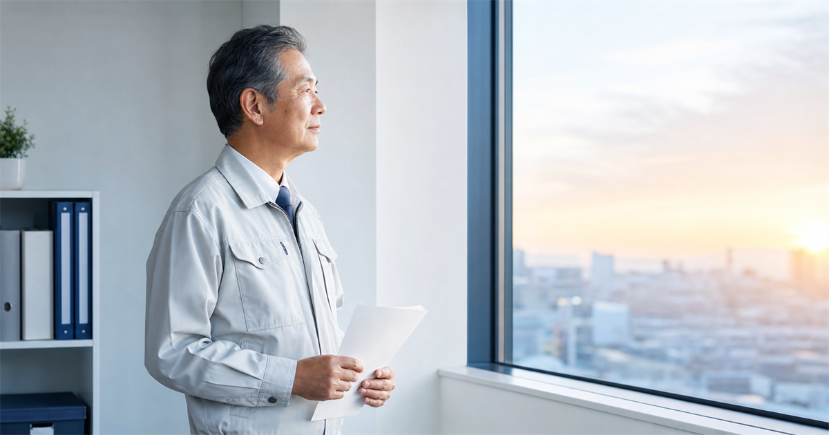 朝の光が差す窓辺で書類を手に将来を見据える経営者（5〜10年前から動く事業承継の準備）