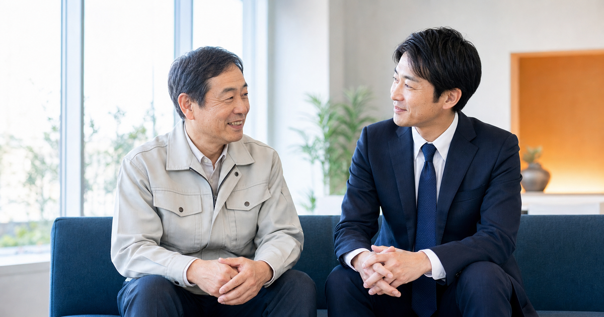 明るい応接のソファに並んで座り、安心した表情の経営者に耳を傾ける地元行政書士。登録後の運用・更新まで任せられる長期パートナーとしてのメリットを象徴