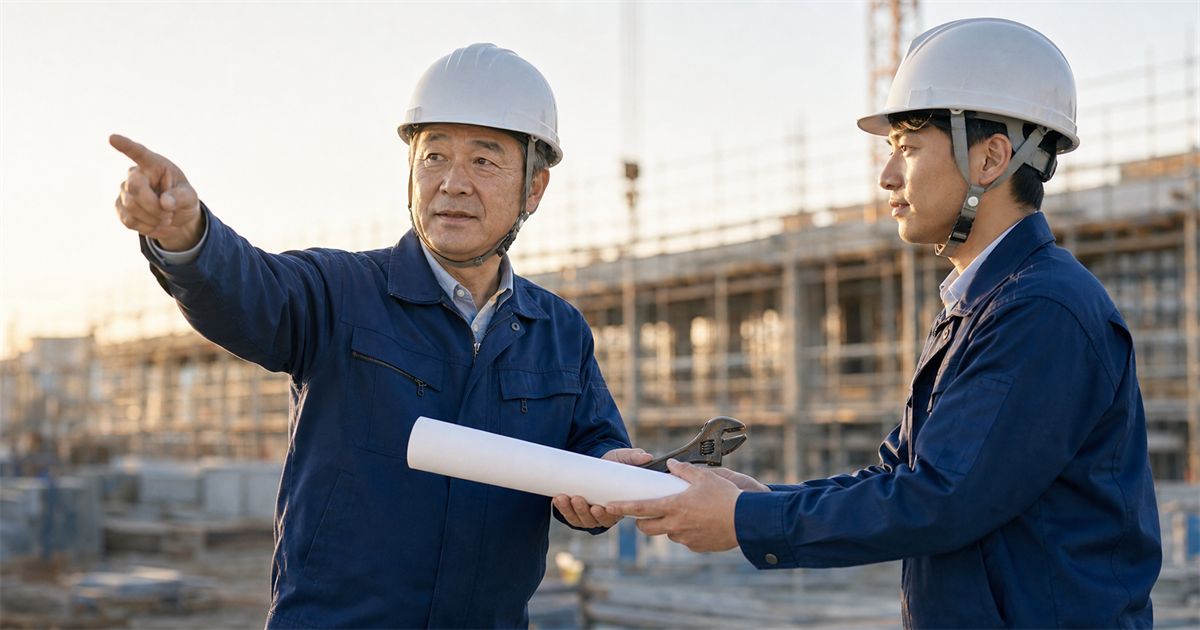 建設現場で後継者に図面と道具を引き継ぐ現経営者