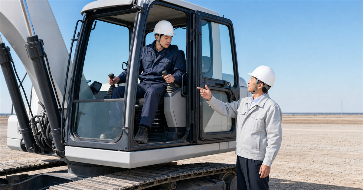 造成現場で油圧ショベルの操作を若手に教える年配の建設会社経営者