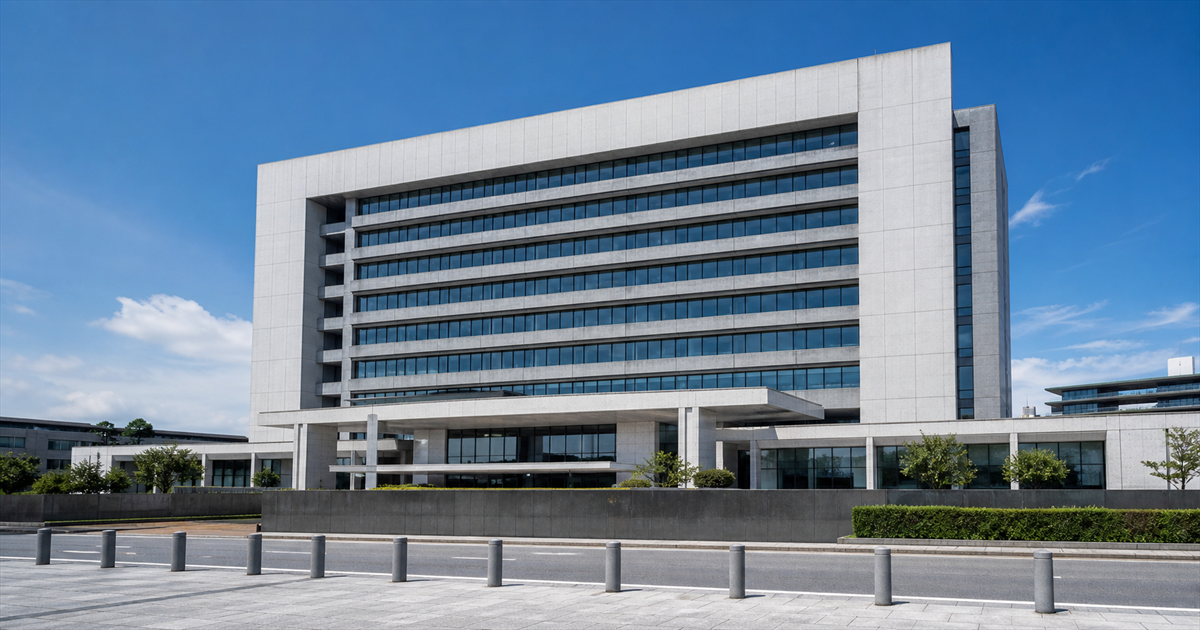 看板のない大きな官公庁の庁舎を通りの向かいから見上げた外観。上尾市の建設業許可の申請先が市役所ではなく埼玉県庁であることを表す図版