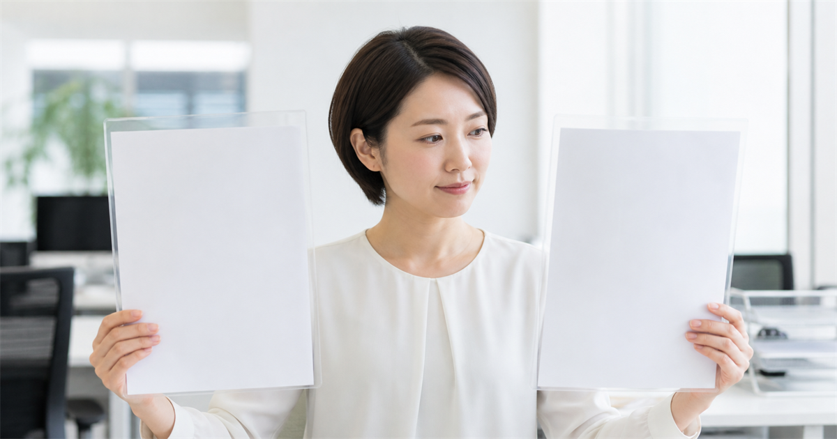 事務所で女性が2つの無地のクリアファイルを持ち上げて見比べる様子(建設業許可と経営事項審査の両方が揃って初めて入札の入口に立てるイメージ)