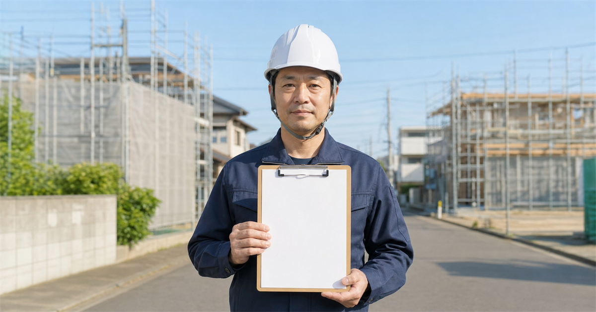白いヘルメットの作業者が2つの建設現場の間の道に立つ様子(所沢市内で同時2件まで技術者を兼務できる専任特例のイメージ)