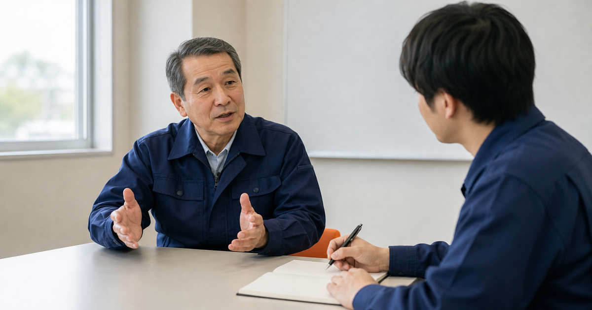 現場休憩室でベテラン技能者が若手に説明し、若手がノートを取る様子。レベル判定が手当や昇格など処遇につながることを表す図版