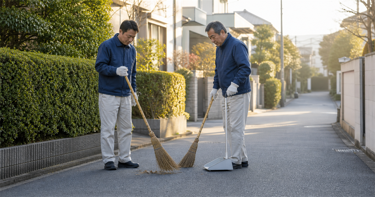 早朝の住宅街で2人の作業員が竹ぼうきで道路清掃をする様子。工事を受注しなくても積める主観点(社会的貢献の実績)を表す図版