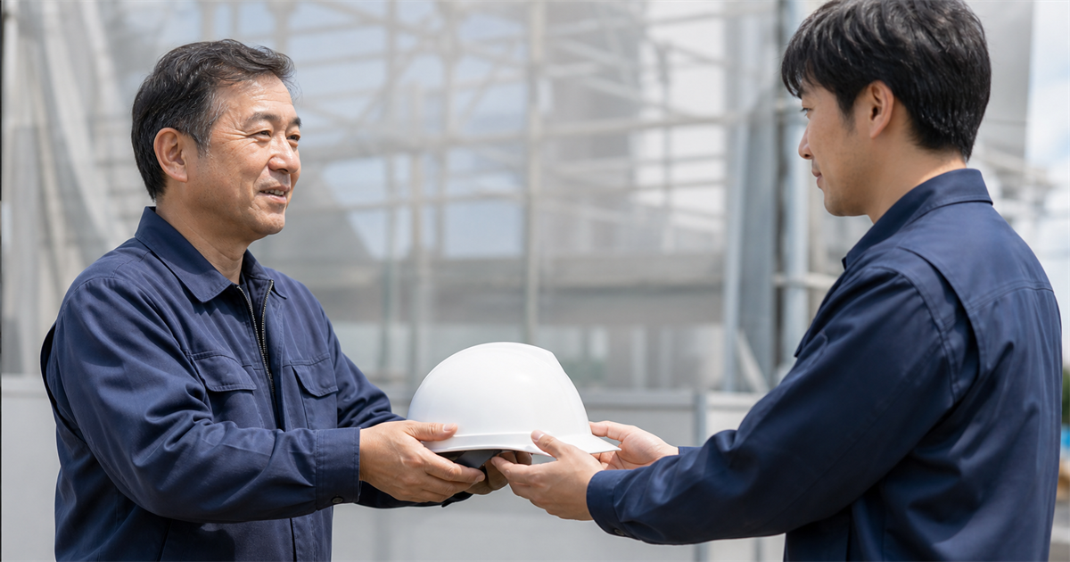 現場の入口で年長の作業者が若手に白いヘルメットを手渡す様子(承継日の技術者の入れ替えのイメージ)