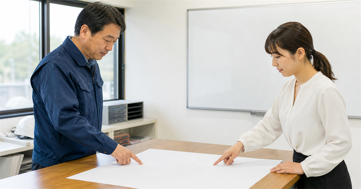 事務所で作業ジャンパーの男性と女性が白紙を挟んで両端を指さす様子(承継カレンダーを引き直すイメージ)