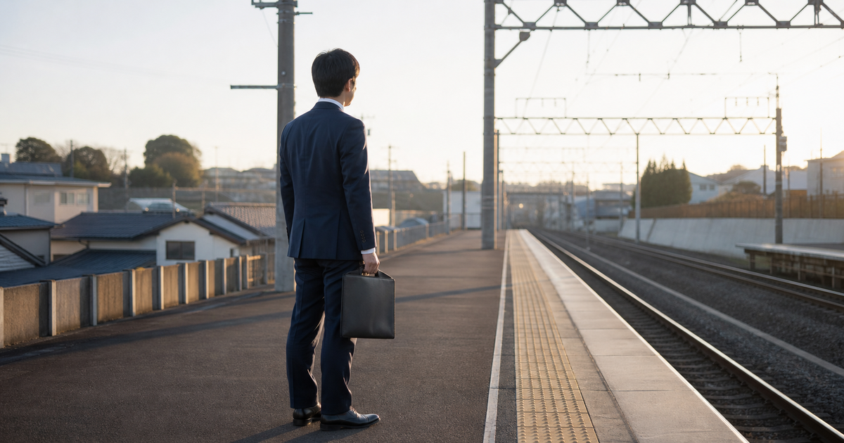 早朝の駅ホームで書類ケースを持ち電車を待つ男性。県庁への往復と受付時間を見越した段取り