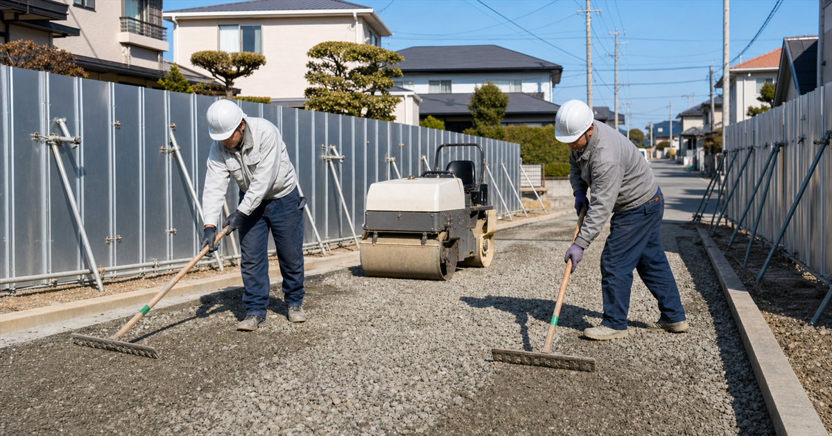 住宅街の市道改良工事で路盤を均す作業員。経審と入札参加資格の等級が公共工事の入口
