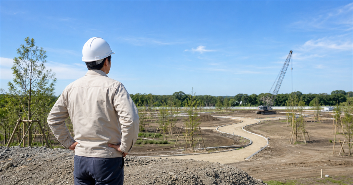 大規模な公園造成現場を見渡す現場監督の後ろ姿。特定建設業が必要になる元請工事のイメージ