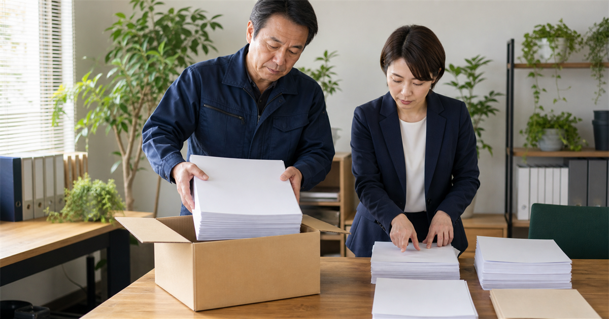 事務所で10年分の工事書類を箱から出して仕分ける造園会社の経営者と行政書士