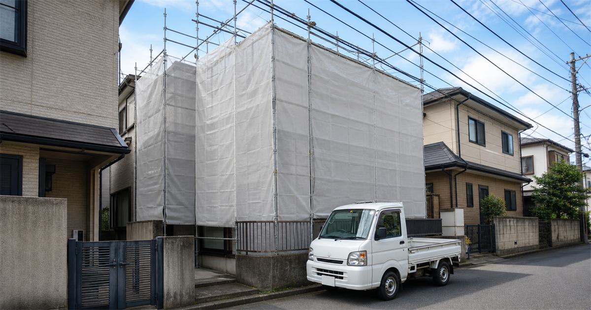 草加市に多い密集住宅地での外壁改修現場。1件500万円を超えるかが許可の分かれ目