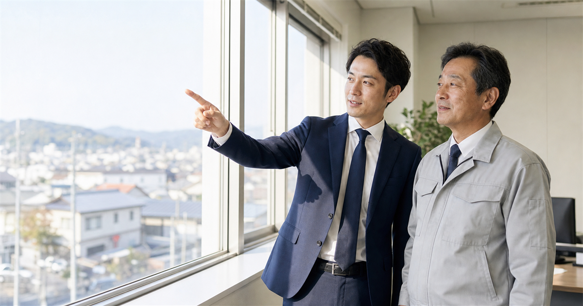窓から街を指さす行政書士と建設会社の経営者。許可区分を決めるのは現場ではなく営業所の所在地
