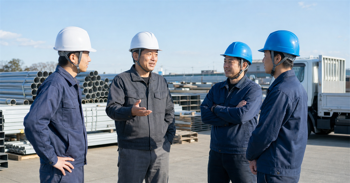 資材ヤードで打ち合わせる4人の作業員。常勤役員等と営業所技術者等の体制が許可の要件