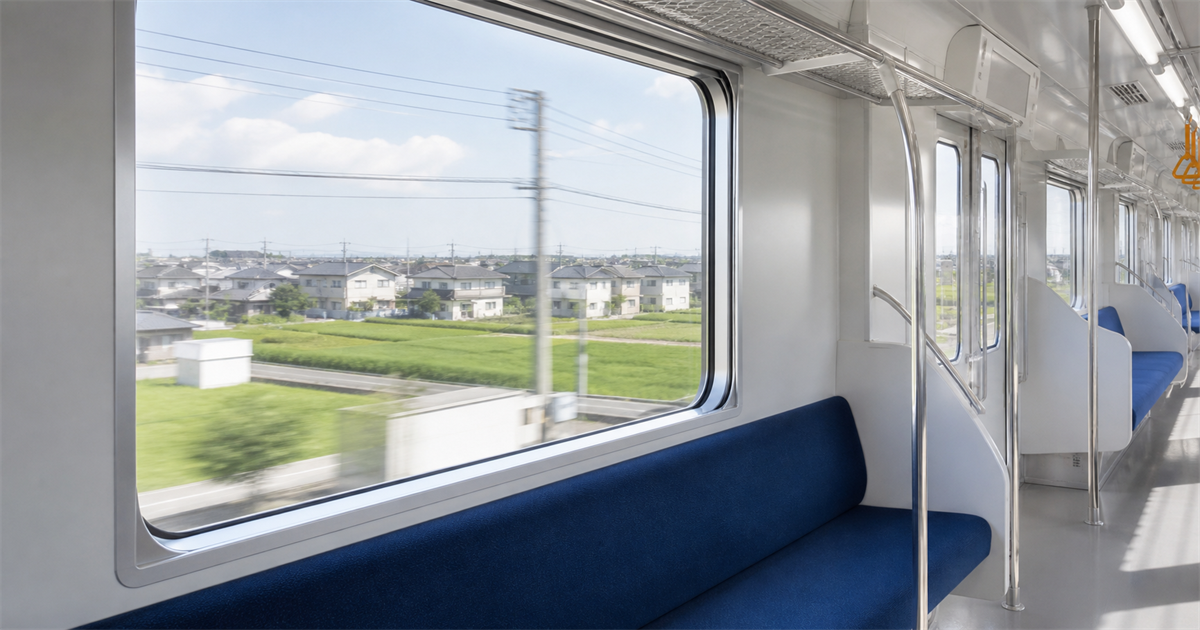 春日部から県庁まで出向く必要があることを示す、郊外を走る電車の車窓