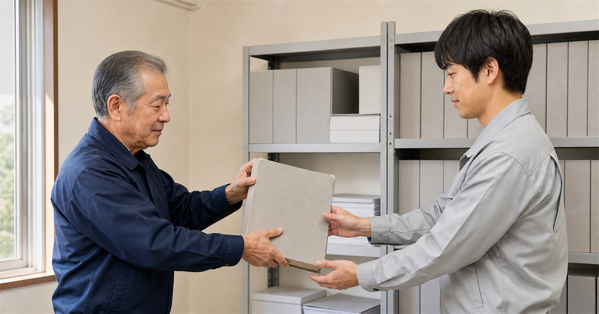 先代から後継者へ事務所の棚のファイルを引き渡す(承継認可で引き継げるもの・引き継げないもの)