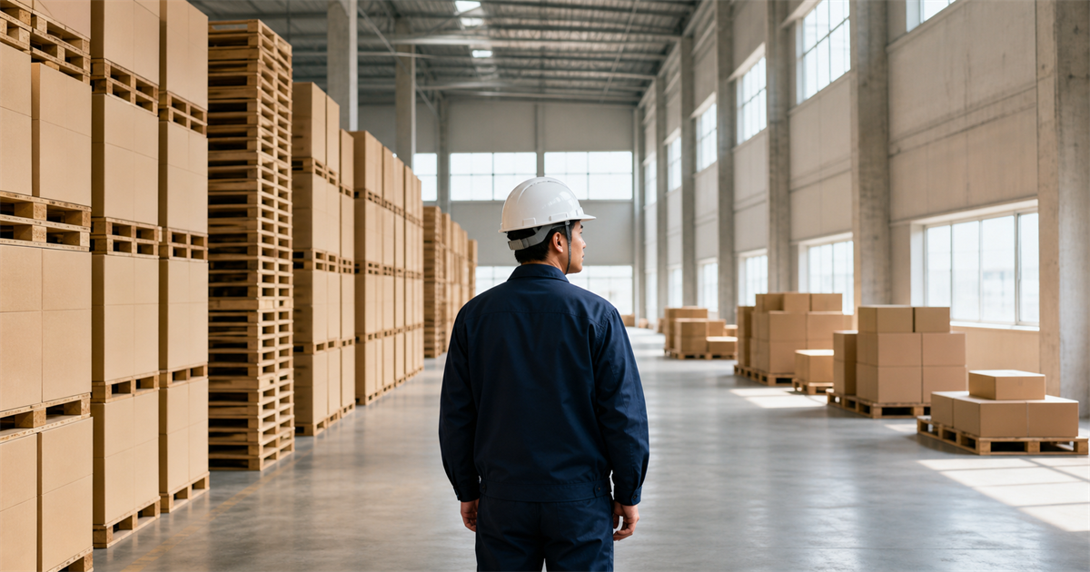 倉庫の通路に立ち左右の積み荷を見比べる作業員。承継認可で引き継げるものと引き継げないものを対比するイメージ