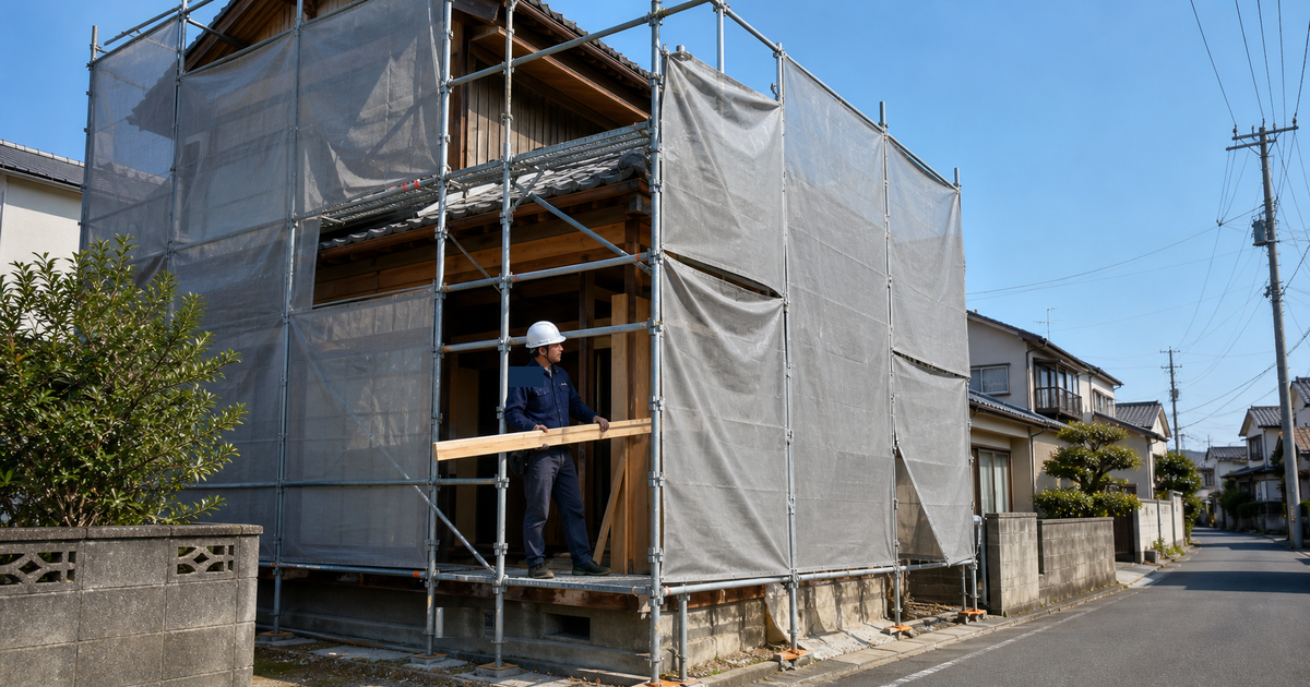 住宅街で単管足場を組んだ木造住宅の小規模改修現場。500万円・1,500万円という許可の金額ラインを示すイメージ