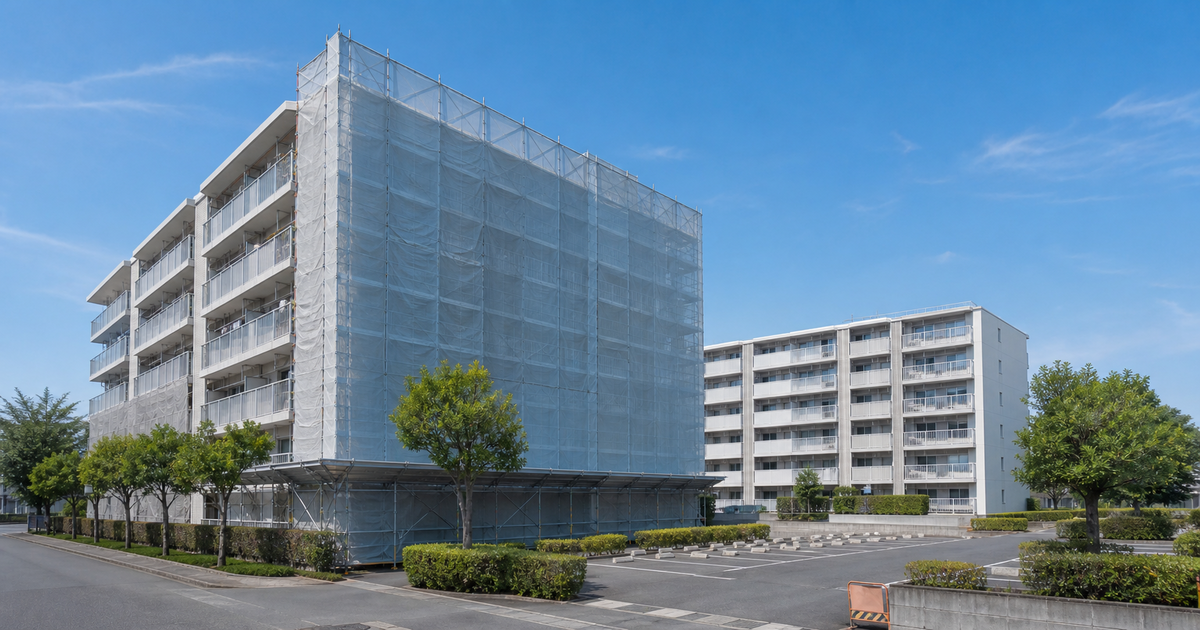 建て替えが進む大規模住宅団地。足場と養生シートに覆われた改修中の棟と新築棟が並ぶ、草加市の住宅ストック更新需要を表す図