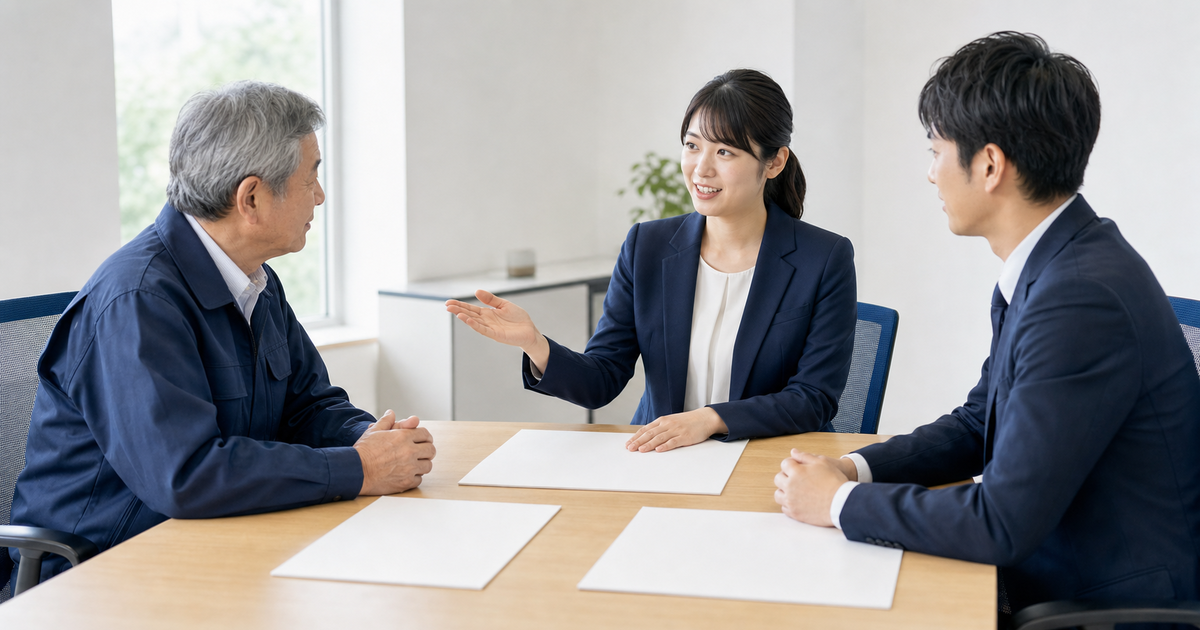 会議室で先代・後継者・行政書士の三者が承継の進め方を打ち合わせる図