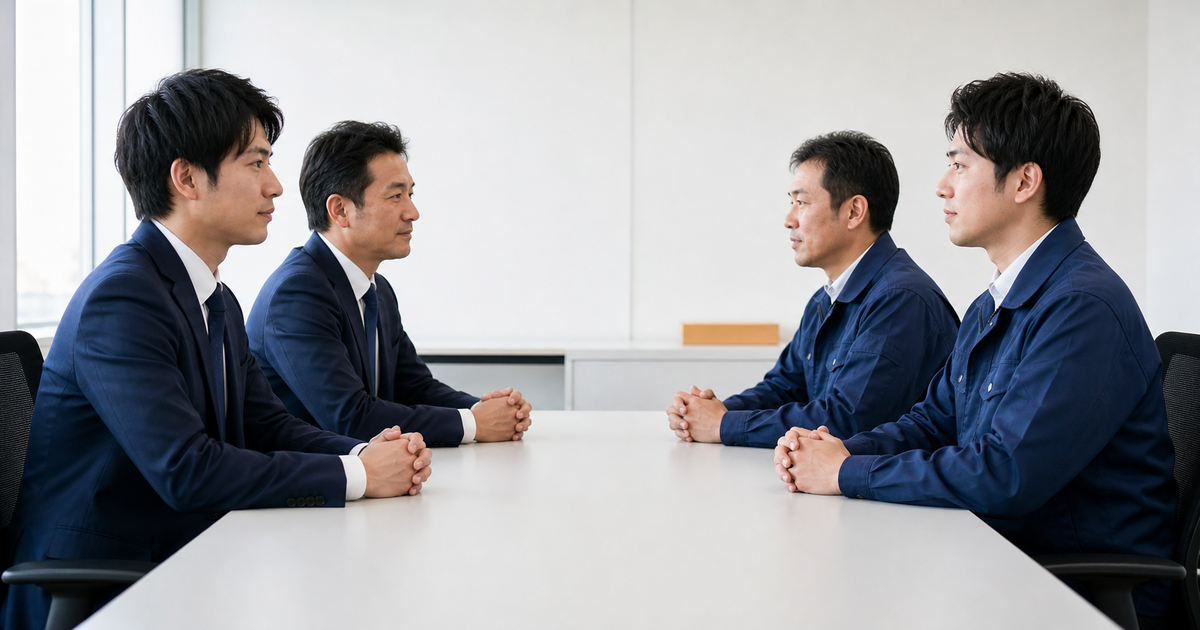 会議室の長机を挟んでスーツ姿の2人と作業服の2人が向かい合って座る真横からの写真。禁止規定が注文者と受注者の双方に及ぶようになったことを表す