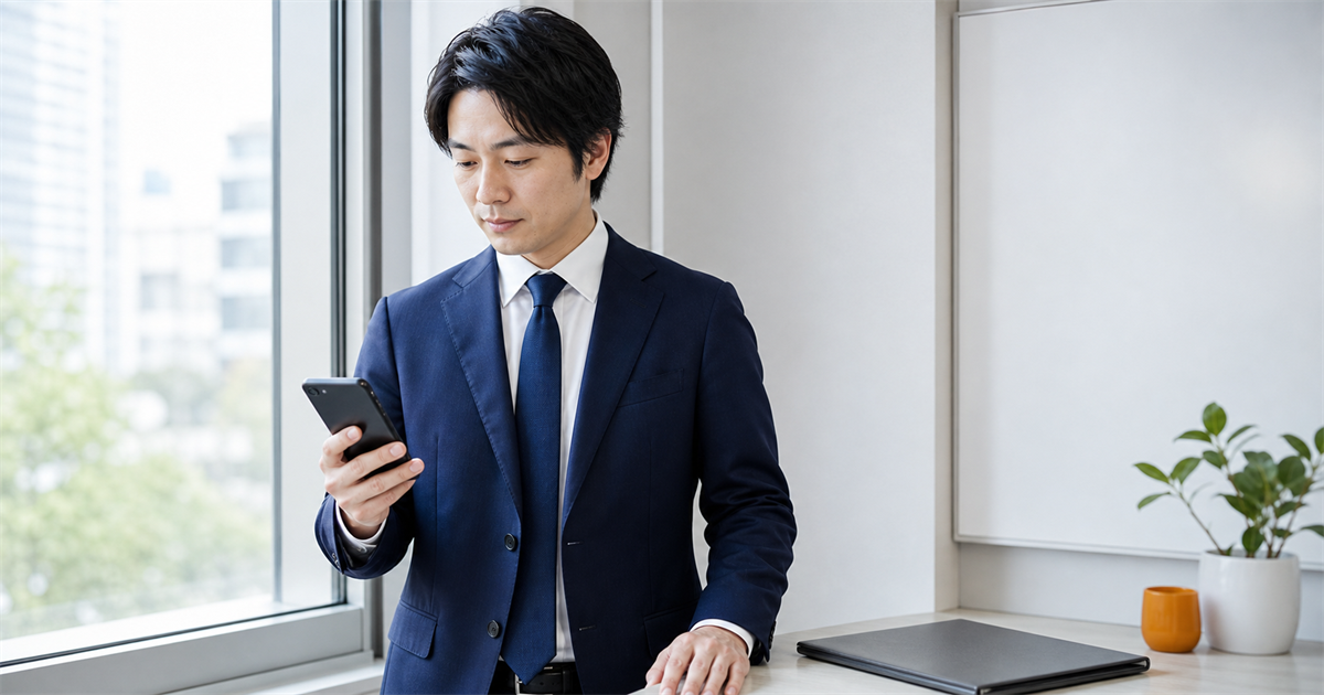 オフィスの窓辺でスーツの男性がスマートフォンを操作する写真。手数料のキャッシュレス決済と電子申請への切り替えを表す