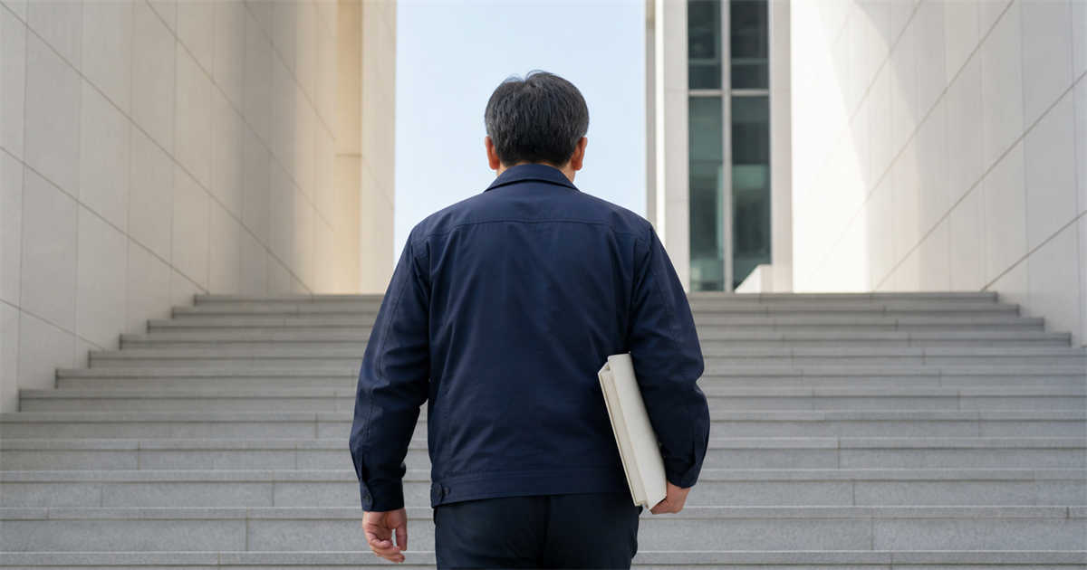 無地の書類を抱えて庁舎の階段を上る作業ジャンパーの男性の後ろ姿。特例承継計画は都道府県に提出する