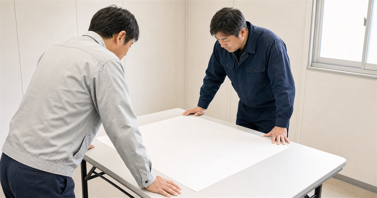 現場事務所で図面を挟んで打ち合わせる2人(承継の4類型と認可の要件)