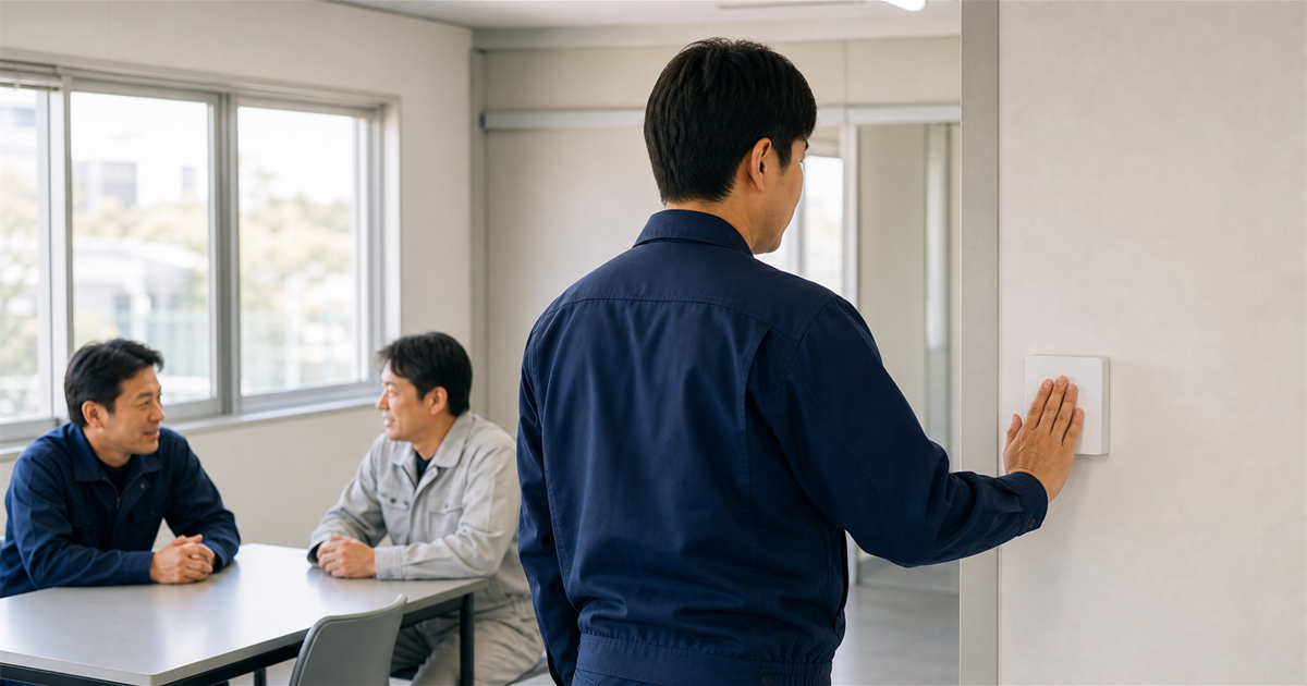 現場休憩所で作業員が壁の読み取り端末に手をかざす様子。CCUSの就業履歴蓄積（W1-10）のイメージ