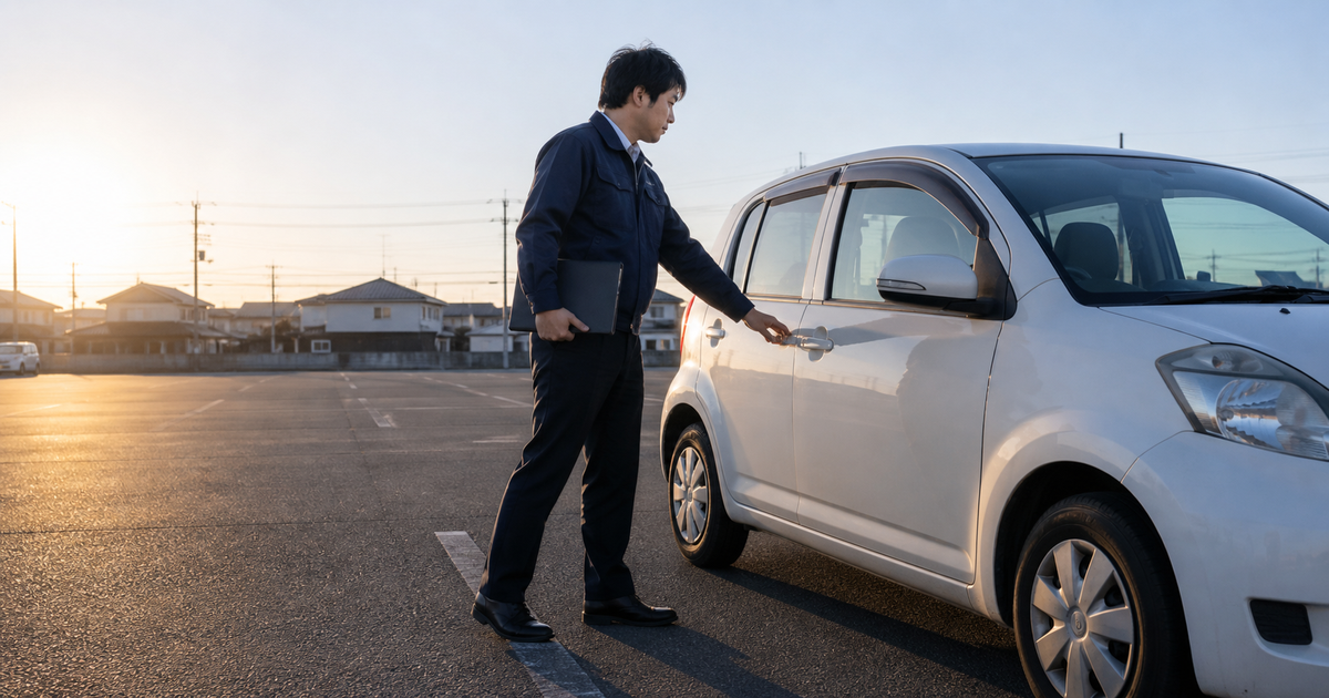 早朝の駐車場で書類ケースを持って車に乗り込む男性。申請書は持参のみで郵送不可であることのイメージ
