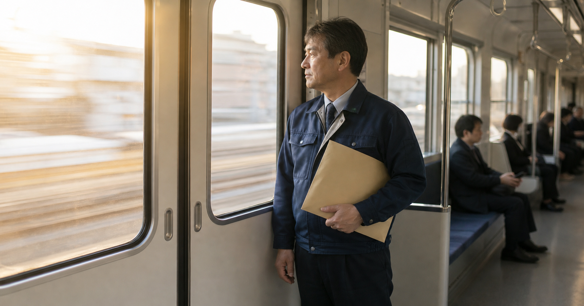 朝の電車内で封筒を抱えて窓の外を見る建設業者。三郷市から浦和の県庁へ申請書類を持参する道のりのイメージ