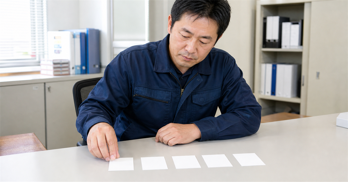 事務所の机に5枚の白紙のカードを並べて選ぶ作業着姿の男性。登録できるのは建設工事5業種までという制限のイメージ