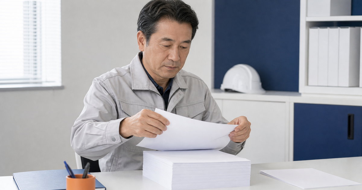 添付書類が減ったことを示す、書類の束から数枚を抜き取る建設会社の経営者