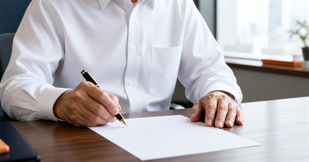 経営者が万年筆で書面に署名する手元。建設技能者を大切にする企業の自主宣言（職人いきいき宣言）のイメージ
