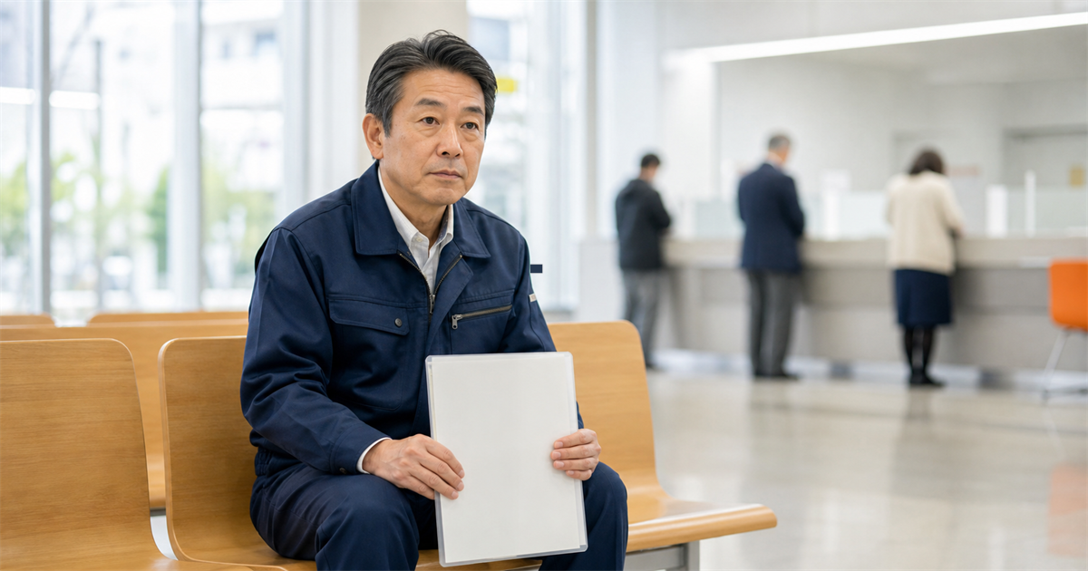 官公庁の待合ベンチでファイルを膝に置いて順番を待つ建設業者。共同受付窓口への再審査申請のイメージ