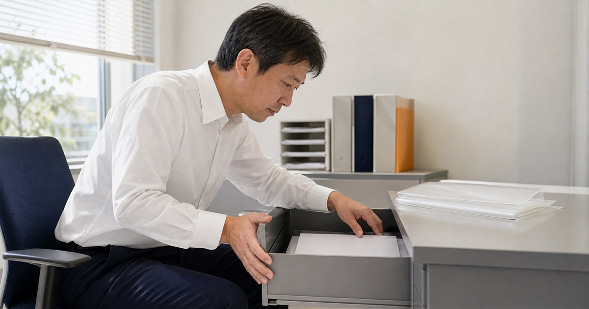 事務所で机の引き出しを開けて書類を探す男性。実務経験10年を証明する資料集めのイメージ
