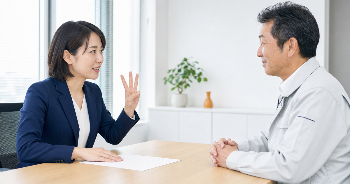 行政書士が指を三本立ててCCUSの費用構造を説明し、建設業者が聞き入る相談風景の図