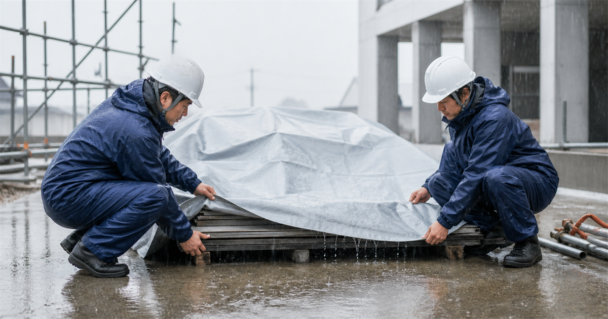 雨の建設現場で雨合羽の作業員2人が資材のシートを押さえる写真。基準値は標準条件の値であり特殊な気象条件では補正が必要なことを表す
