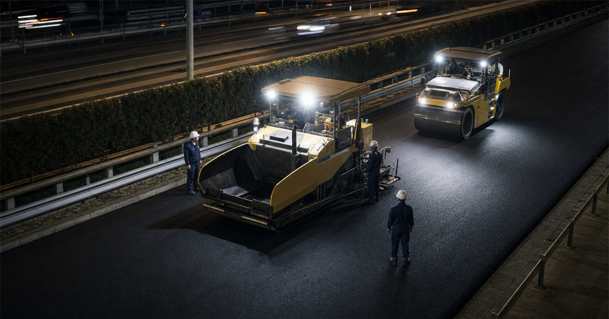 夜間の幹線道路でアスファルトフィニッシャーとロードローラーが並ぶ大規模舗装工事