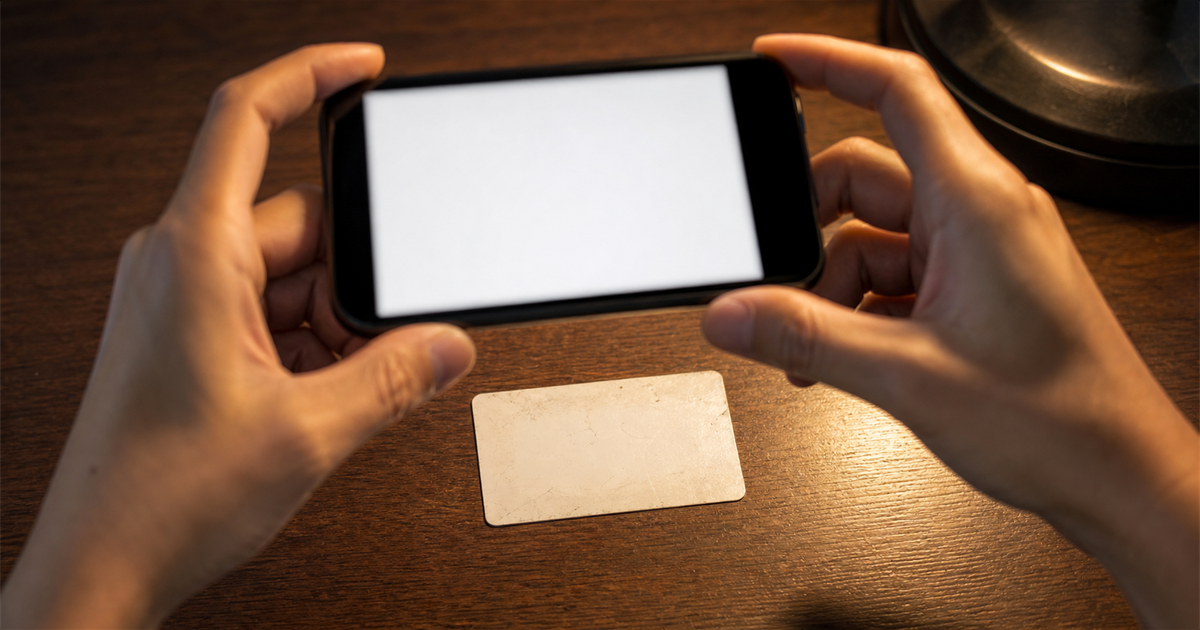 暗い机の上で擦り切れた無地のカードをスマートフォンで撮影しようとする手元