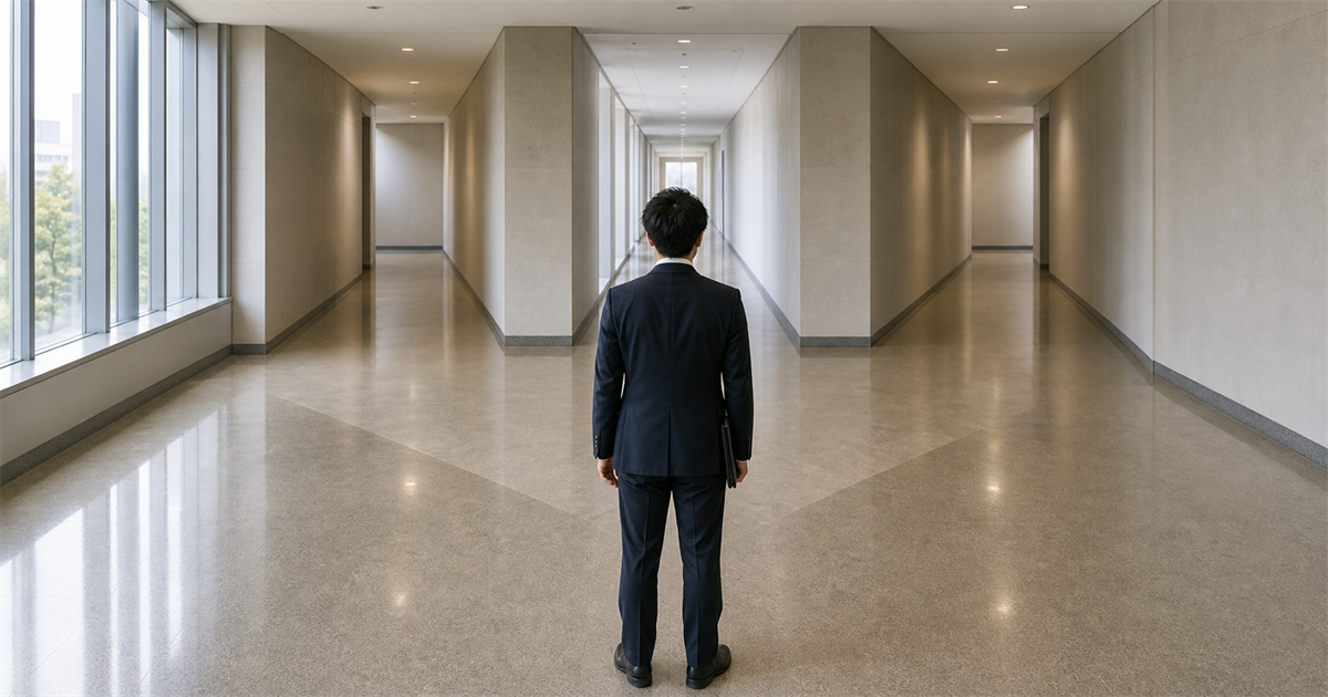 3方向に分岐する官公庁の廊下で立ち止まる後ろ姿(提出先は県庁か地方整備局か)