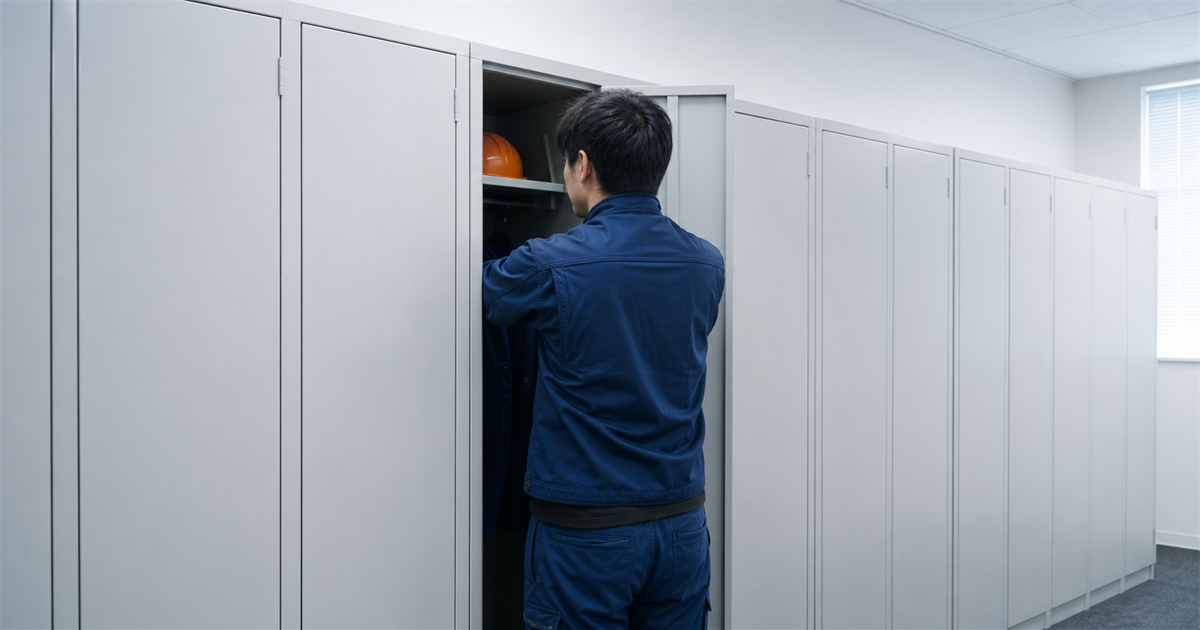 更衣室のロッカー列の前に立つ作業員。雇用する全技能者の詳細型技能者登録のイメージ