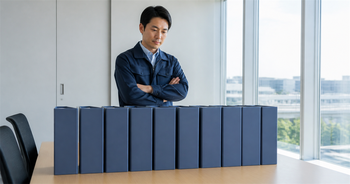 会議テーブルに一列に並ぶ10冊のバインダーと腕を組む男性。実務経験10年分の証明資料を集めるイメージ