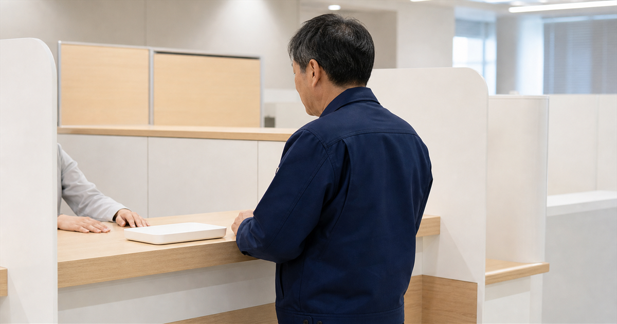 官公庁の会計窓口で白いトレーの前に立つ建設業者。手数料9万円のキャッシュレス納付のイメージ