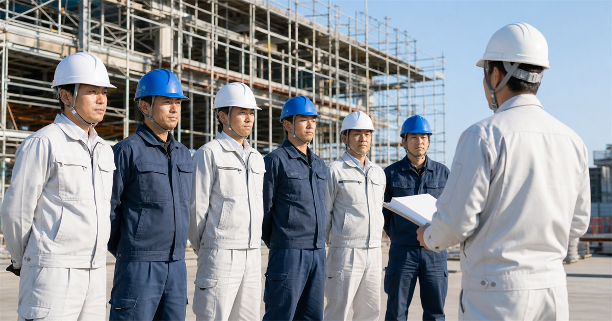 建設現場の朝礼で整列する作業員と現場監督。経営事項審査の評点と入札等級が引き継がれることを表す図